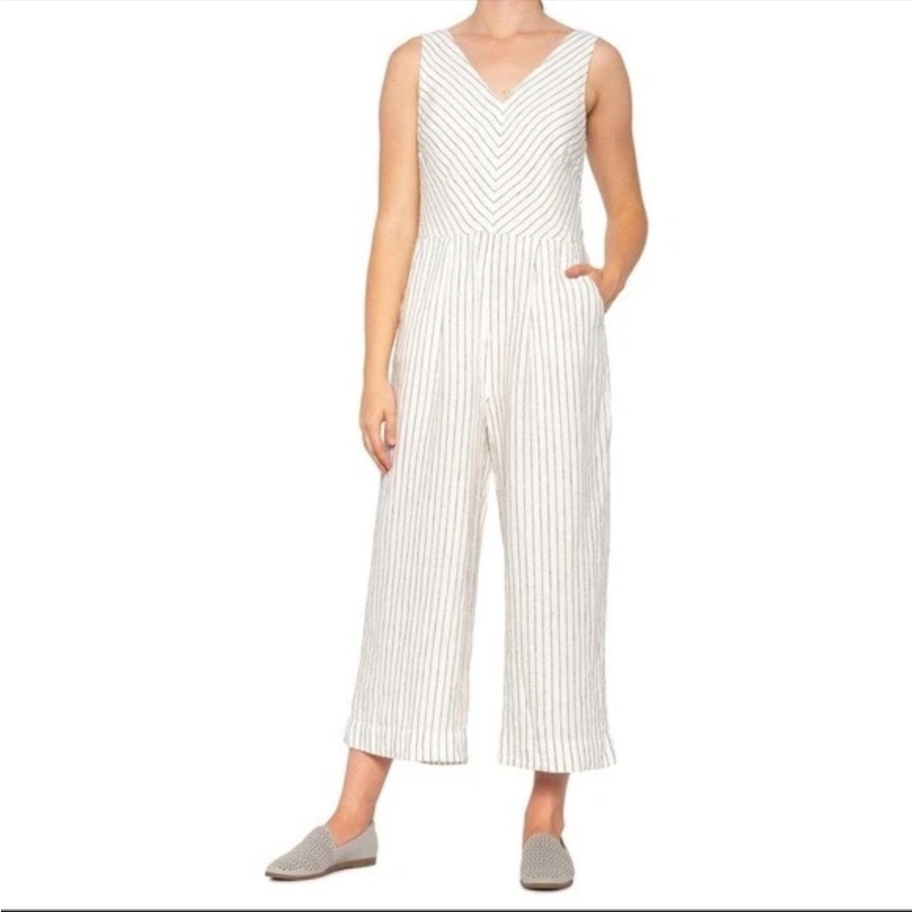 Rachel Zoe Linen Stripe Jumpsuit Size 8 White Black Coastal Chic